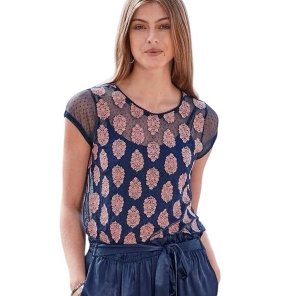 Sundance Palace Best Swiss Dot Sheer Navy Mesh Flutter Sleeve Top Embroidered XL - Picture 1 of 9